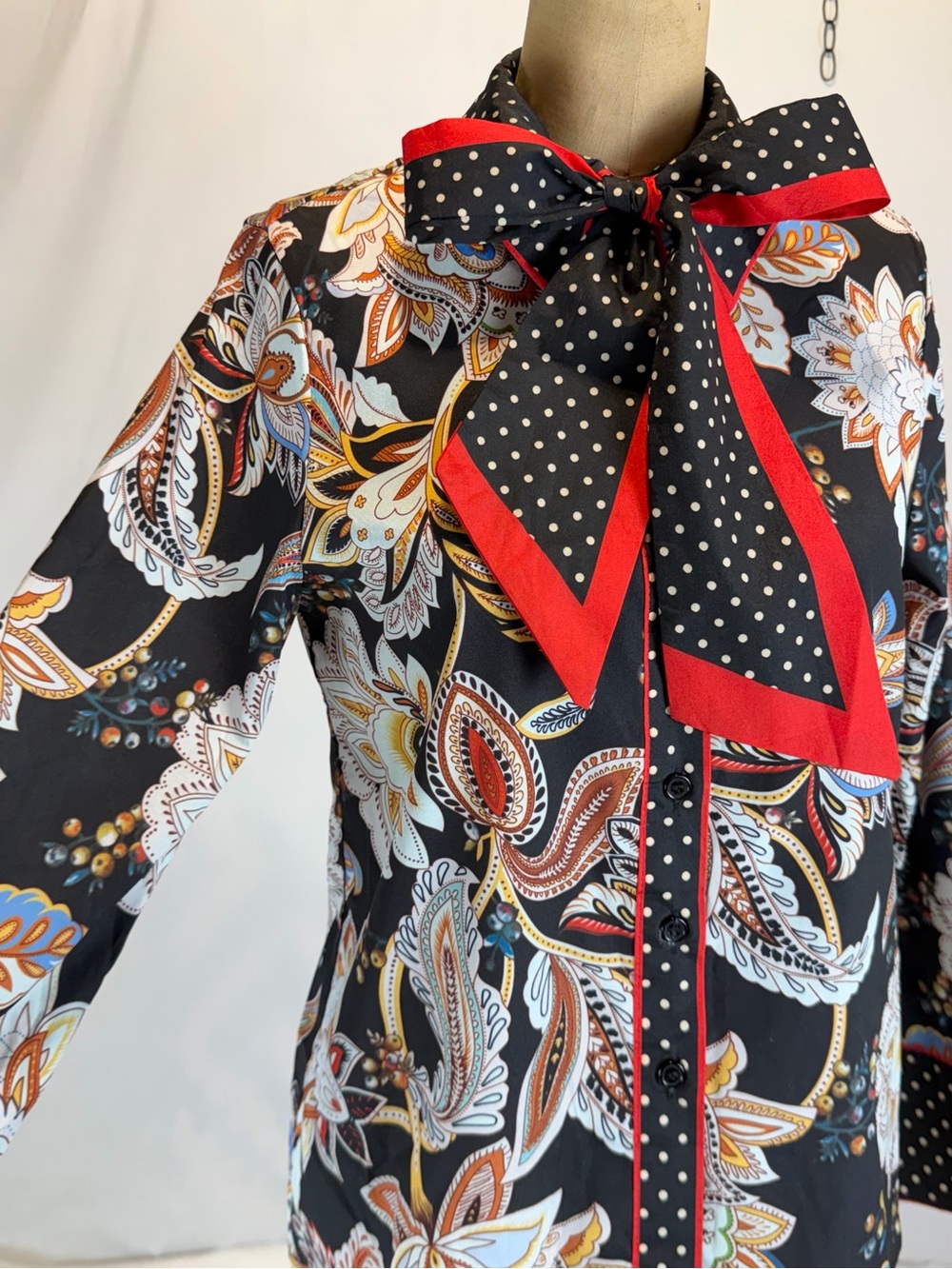 VINTAGE 80s bow blouse polka dot floral flower mix print tie belt paisley bold - Picture 3 of 9